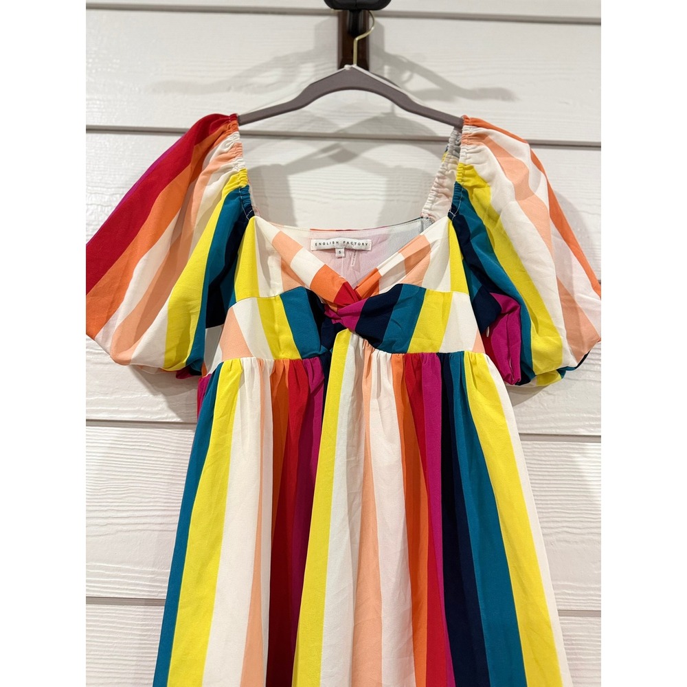 B- 032- English Factory Rainbow Stripe Puff Sleeve Twist Front Mini Dress Small